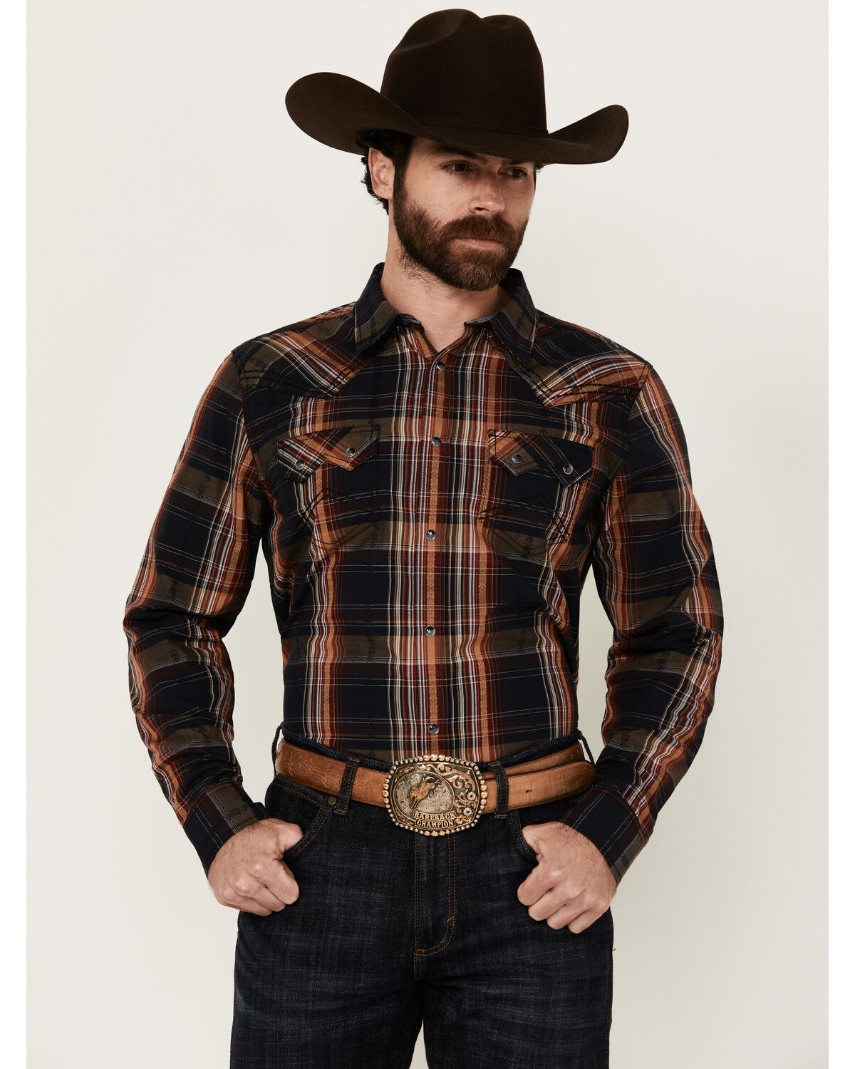 Image #1 - Cody James Men's Trouble Plaid Print Long Sleeve Snap Western Shirt - Tall, Navy, hi-res