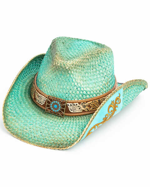 Shyanne Women's Cactus Flower Straw Cowboy Hat , Blue, hi-res
