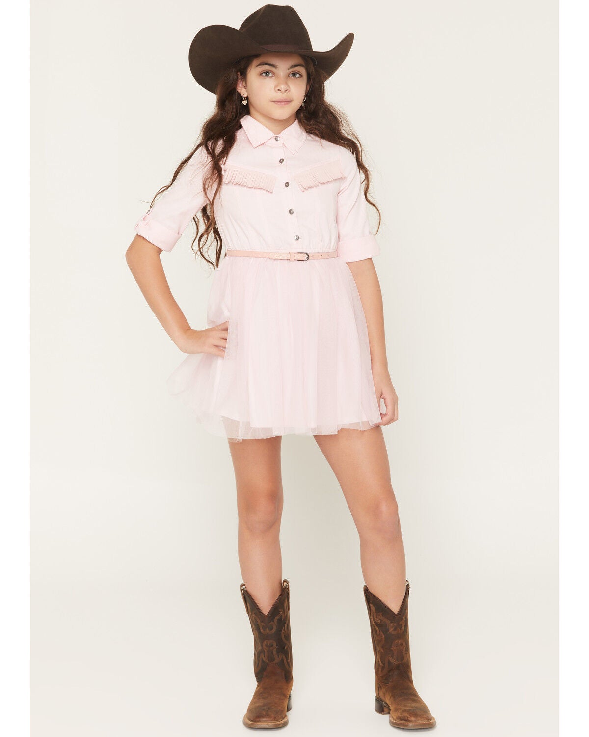 Sugar California Girls' Fringe Long Sleeve Button-Down Denim Tutu Dress, Blush, hi-res