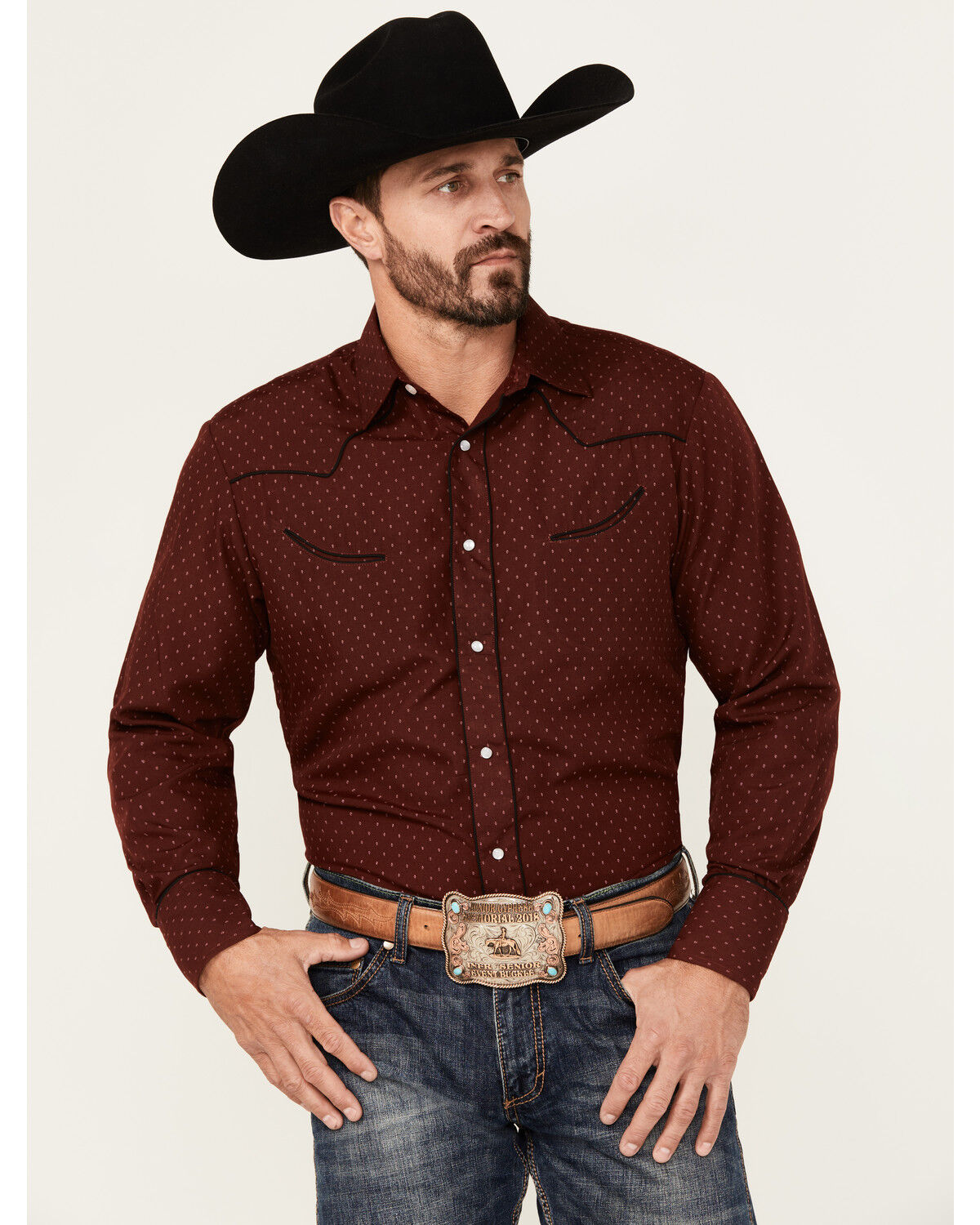 Image #1 - Roper Men's Printed Long Sleeve Pearl Snap Western Shirt, Wine, hi-res