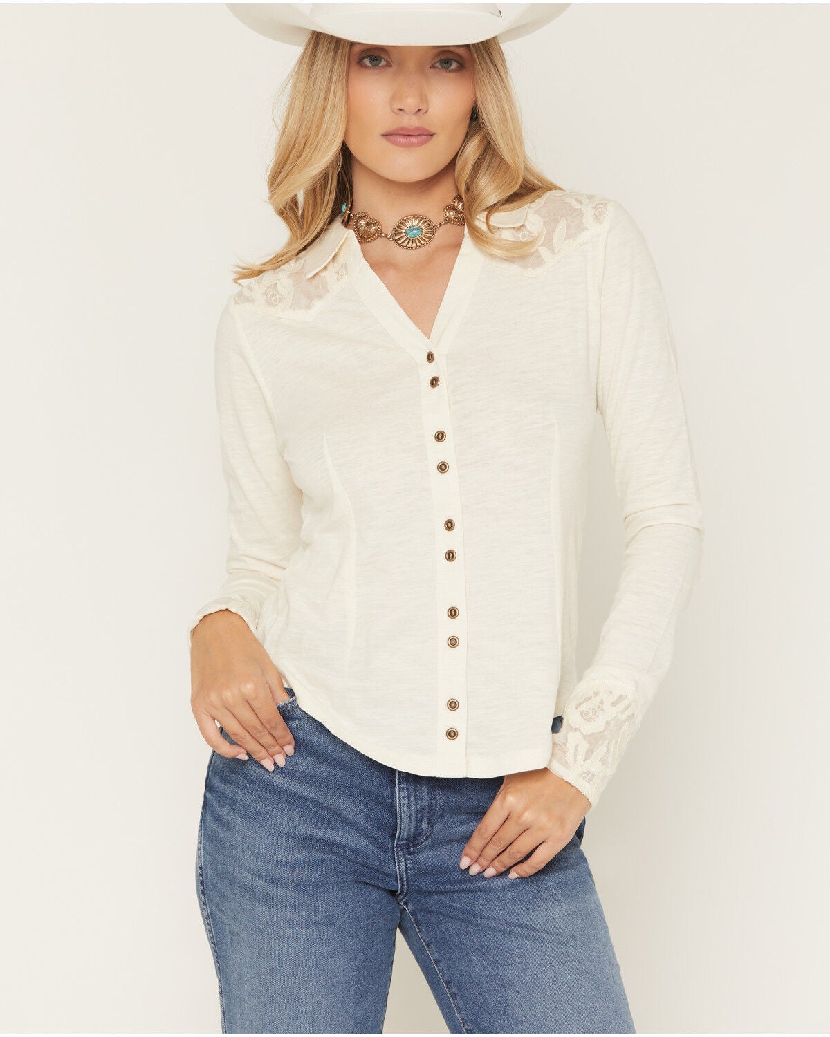 Image #2 - Shyanne Women's Solid Lace Wester Yoke Long Sleeve Button-Down Shirt, Cream, hi-res