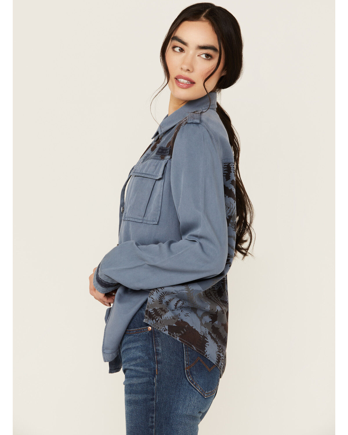 Image #3 - Cleo + Wolf Women's Axel Printed Long Sleeve Button-Down Shirt, Indigo, hi-res