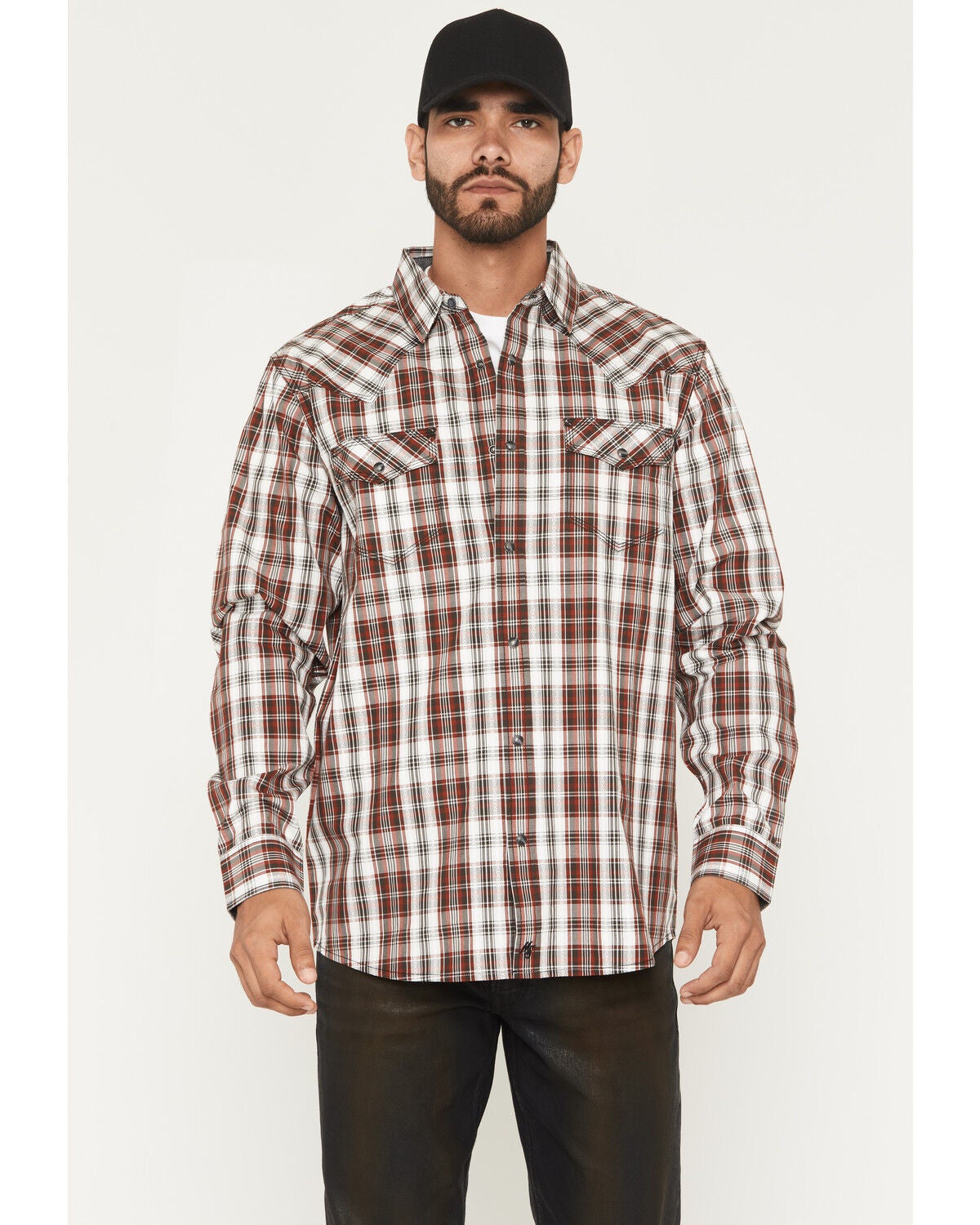 Moonshine Spirit&reg; Men's Red Tail Hawk Dobby Plaid Print Long Sleeve Snap Western Shirt, White, hi-res
