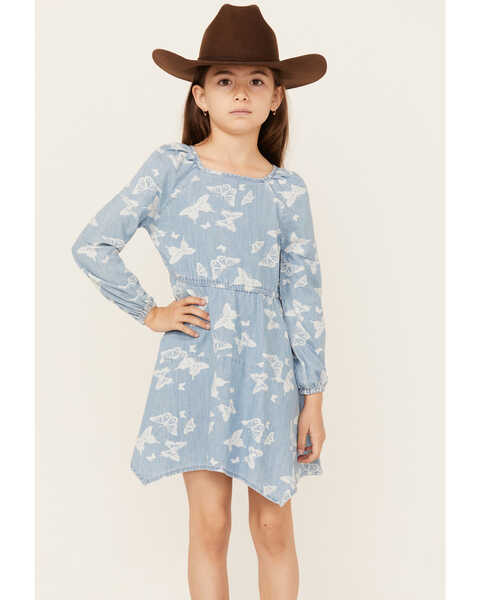 Wrangler Girls' Butterfly Print Denim Long Sleeve Dress, Blue, hi-res