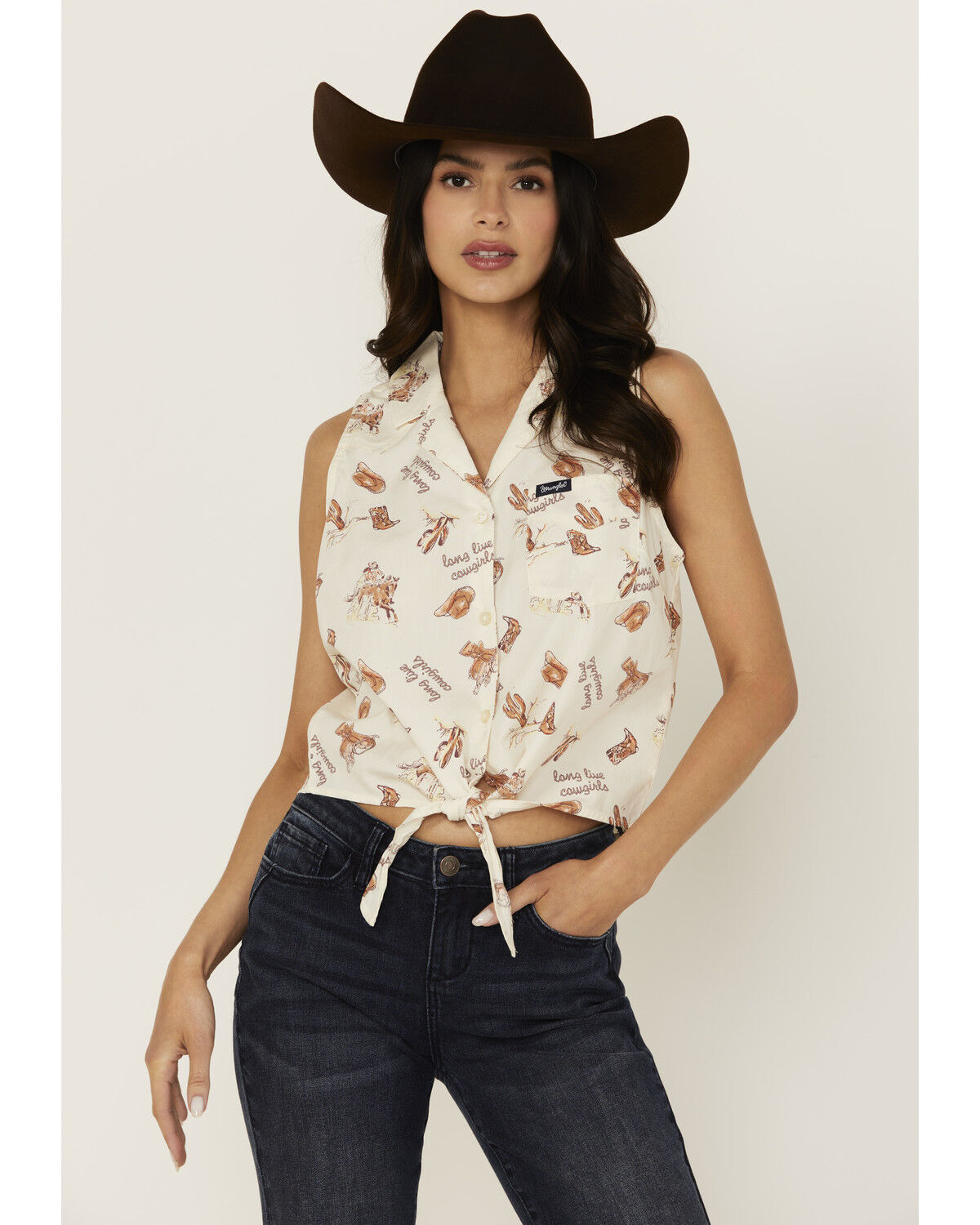 Image #1 - Wrangler Women's Conversation Print Sleeveless Tie-Front Shirt, White, hi-res