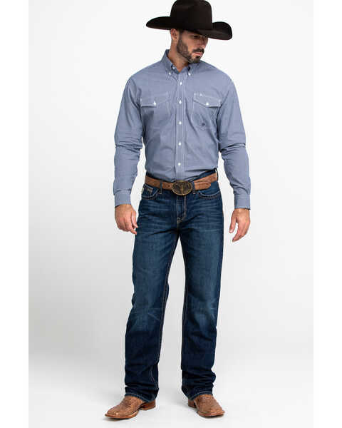 Roper Men's Amarillo Meadow Mini Check Plaid Long Sleeve Western Shirt , Blue, hi-res