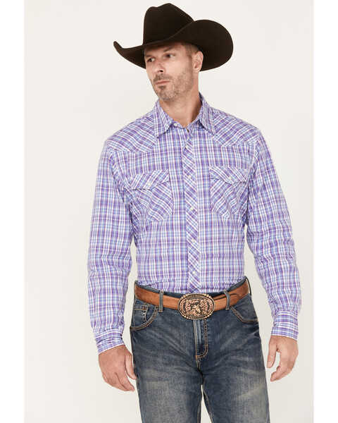 Wrangler 20X Men's Competition Advanced Comfort Plaid Print Long Sleeve Snap Western Shirt , Purple, hi-res