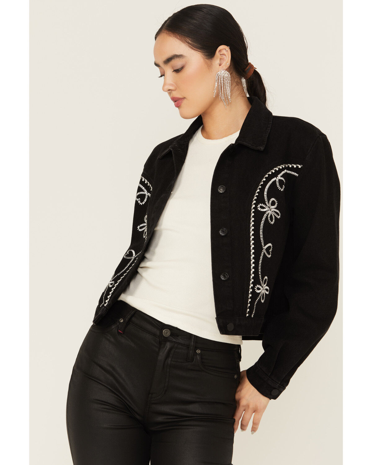 Image #1 - Blue B Women's Washed Embroidered Denim Jacket, Black, hi-res