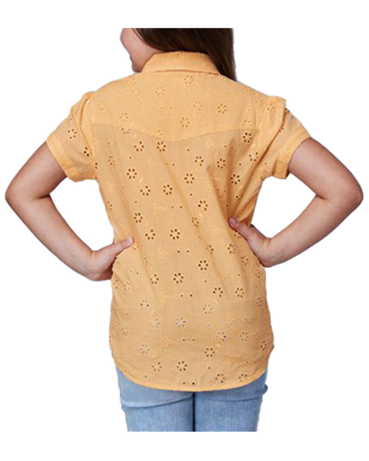 Image #2 - Roper Girls' Eyelet Short Sleeve Button-Down Western Shirt, Yellow, hi-res