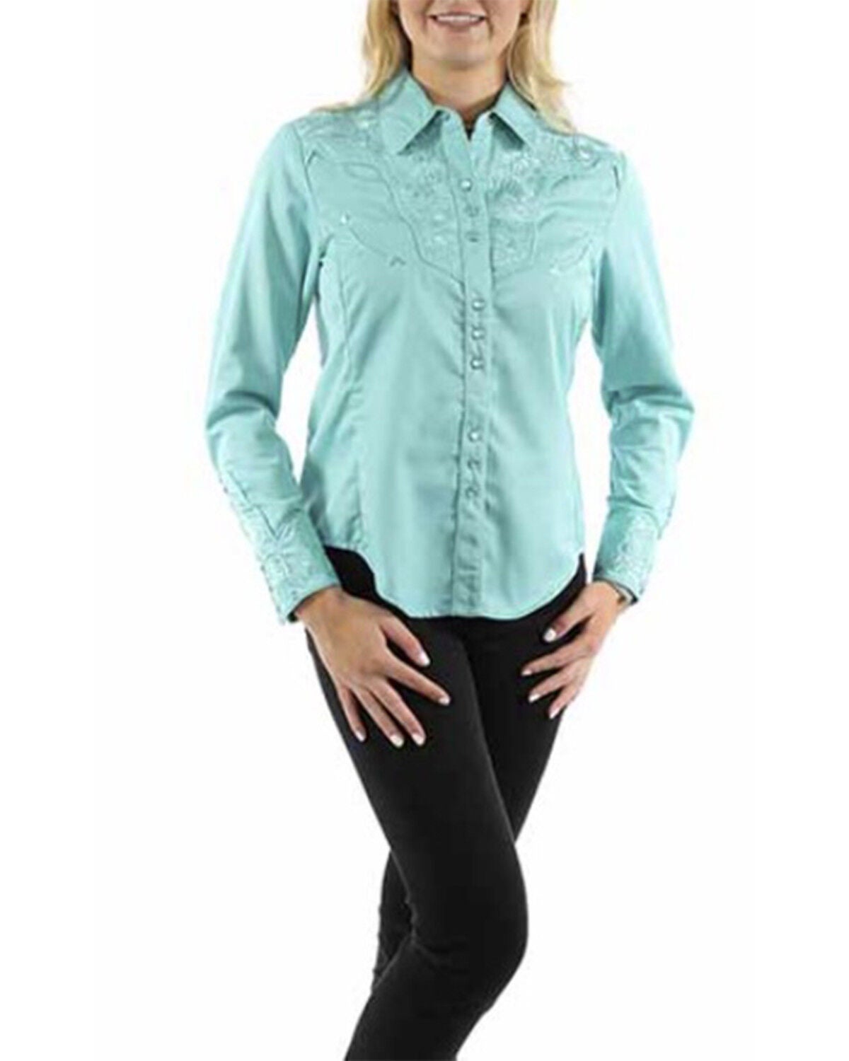 Scully Women's Floral Embroidered Long Sleeve Snap Western Shirt, Turquoise, hi-res