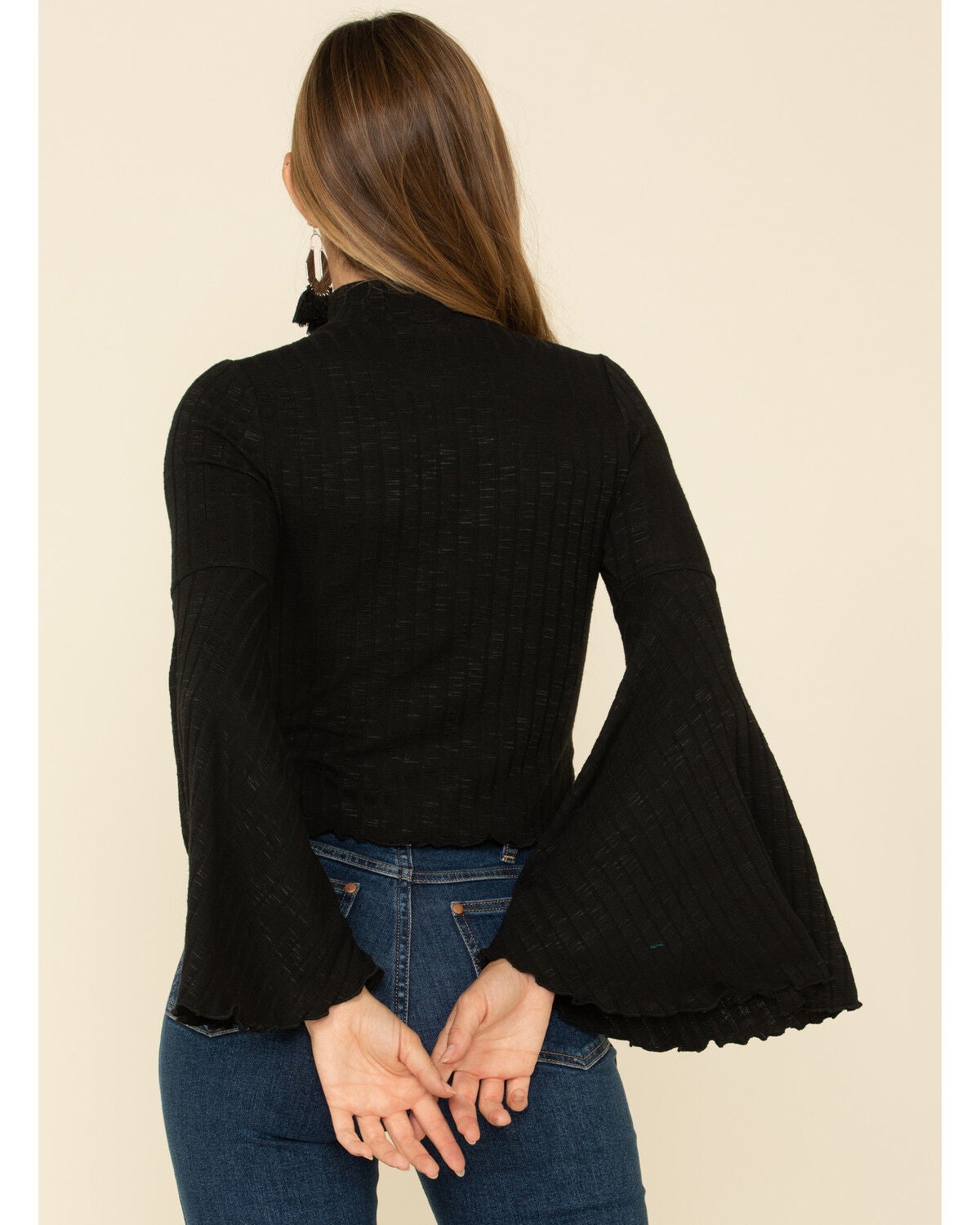 Rib-Knit Mock Neck Bell Sleeve Top 