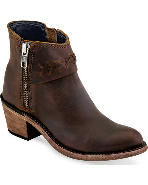 Image #1 - Old West Girls' Braided Stitch Booties - Round Toe , Brown, hi-res