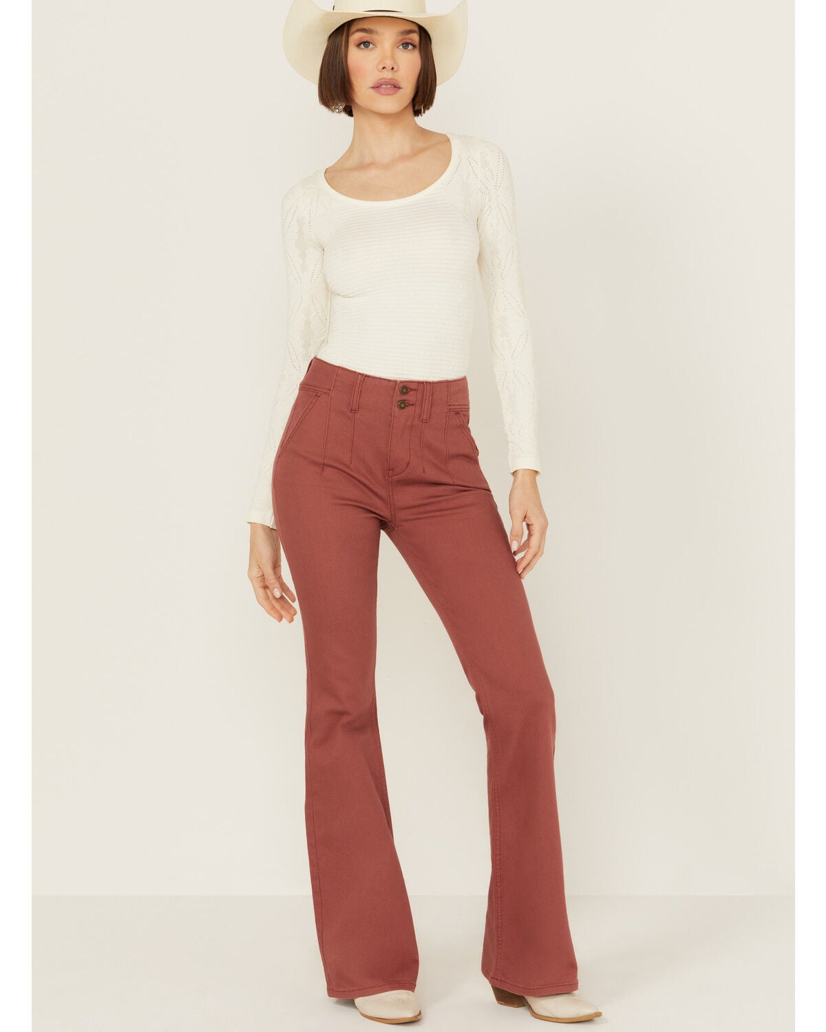 Shyanne Women's Marsala Darted Waist Comfort Stretch Super Flare Jeans, Rust Copper, hi-res