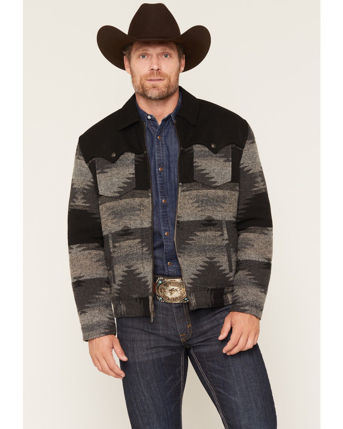 Cripple Creek Men's Woolish Southwestern Print Trucker Jacket, Charcoal, hi-res