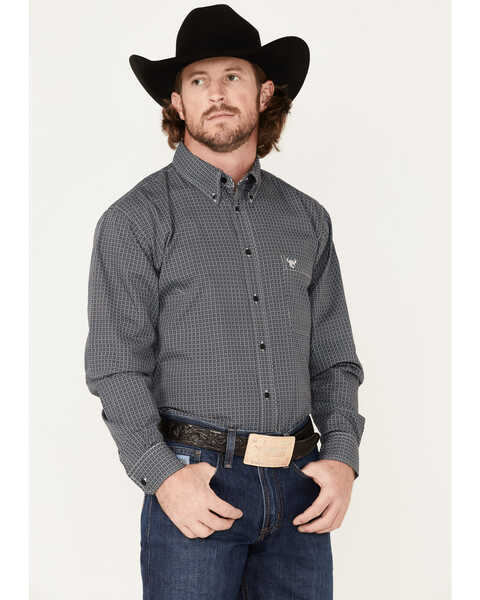Cowboy Hardware Men's Wavy Square Geo Print Button Down Western Shirt , Navy, hi-res