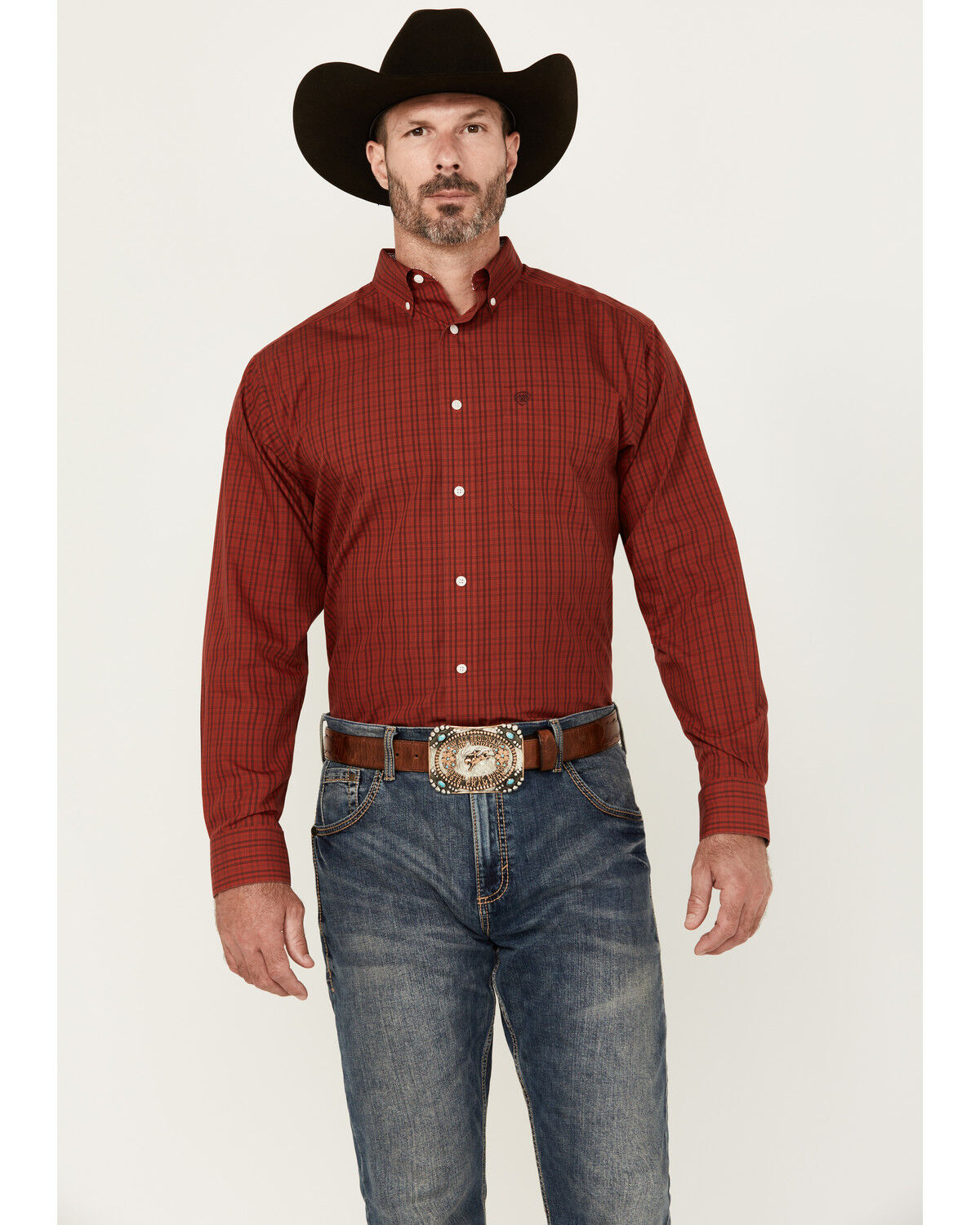 Image #1 - Ariat Men's Ian Plaid Print Long Sleeve Button-Down Western Shirt, Red, hi-res