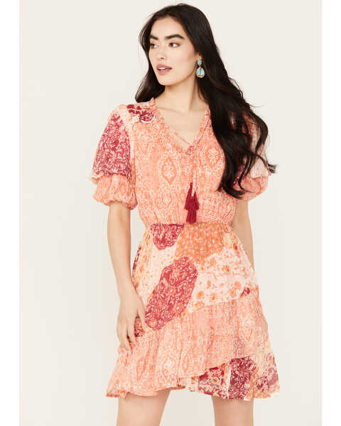 Image #2 - Miss Me Women's Floral Short Sleeve Mini Dress, Orange, hi-res