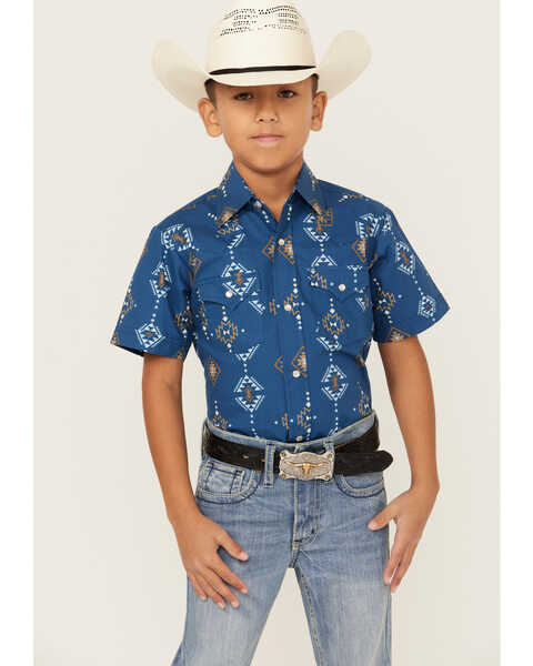 Ely Walker Boys' Southwestern Print Short Sleeve Pearl Snap Western Shirt , Indigo, hi-res