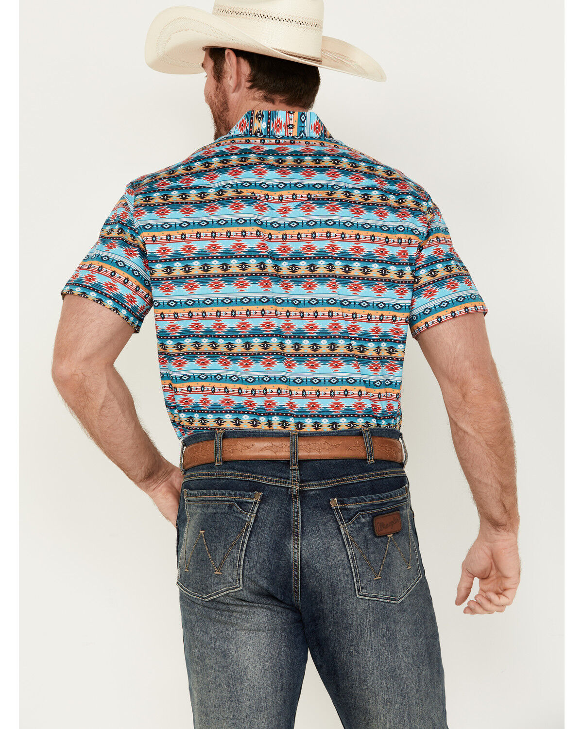 Image #4 - Rodeo Clothing Men's Southwestern Print Short Sleeve Snap Stretch Western Shirt, Blue, hi-res