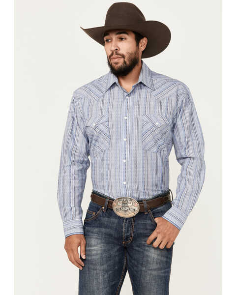 Image #1 - Rough Stock by Panhandle Men's Dobby Striped Print Long Sleeve Pearl Snap Western Shirt, Blue, hi-res