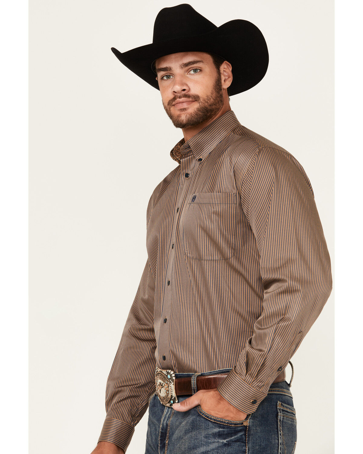 Image #2 - Cinch Men's Mini Striped Print Long Sleeve Button-Down Western Shirt, Brown, hi-res