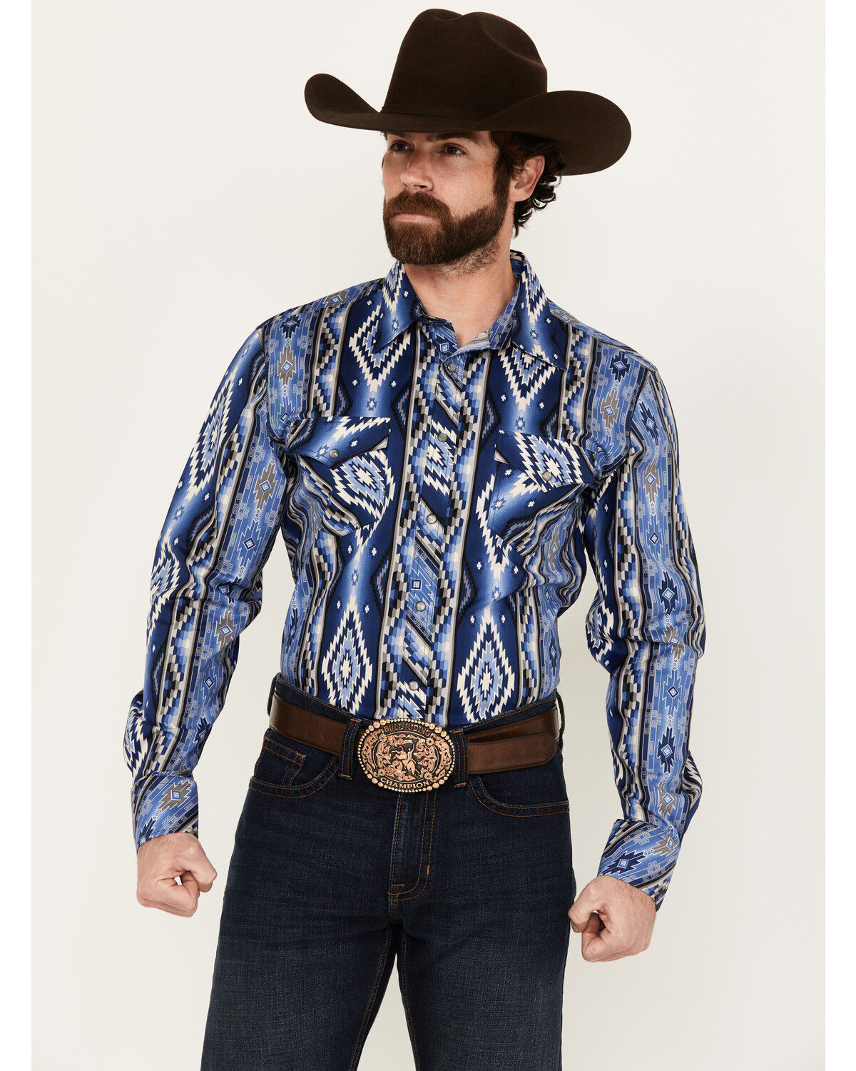Image #1 - Rock & Roll Denim Men's Southwestern Striped Long Sleeve Pearl Snap Stretch Western Shirt, Blue, hi-res