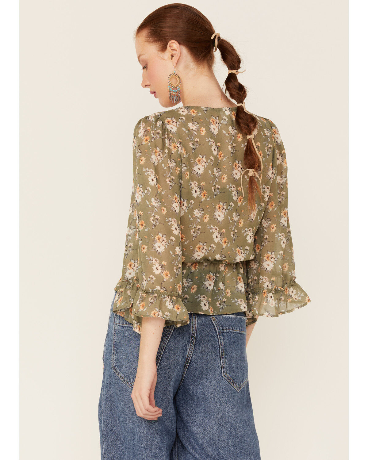 Image #3 - Wild Moss Women's Olive Floral Chiffon Bell Sleeve Blouse, , hi-res