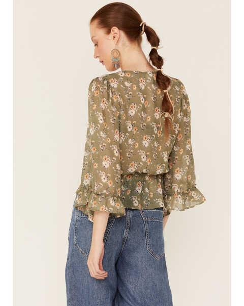 Image #3 - Wild Moss Women's Olive Floral Chiffon Bell Sleeve Blouse, Olive, hi-res