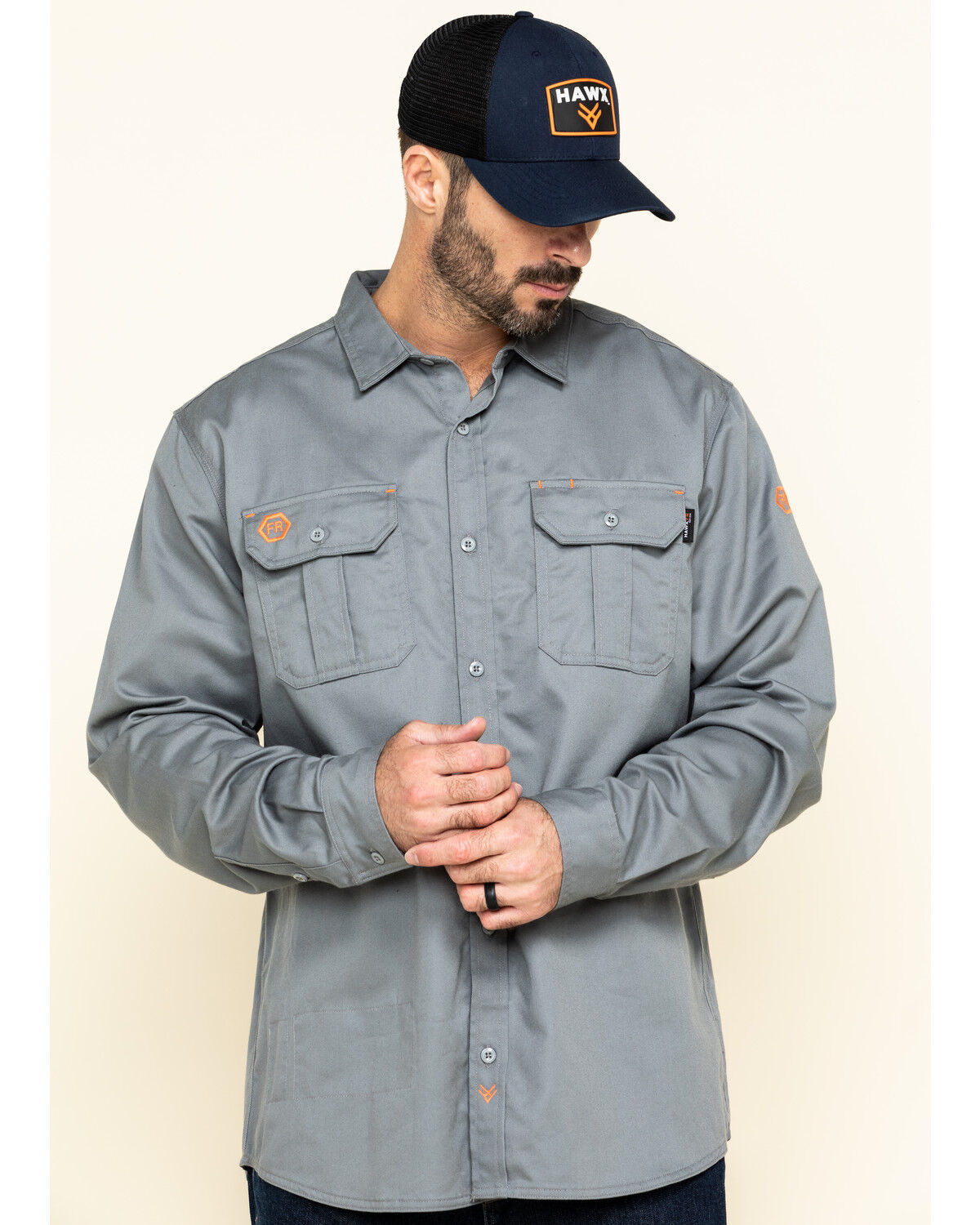 Image #1 - Hawx Men's FR Long Sleeve Woven Work Shirt, Silver, hi-res