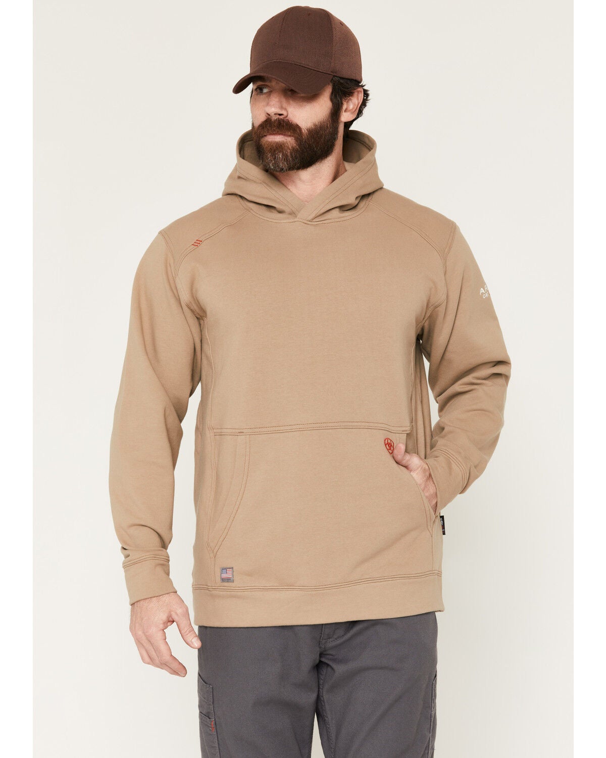 Ariat Men's FR Durastretch Solid Hooded Sweatshirt, Khaki, hi-res