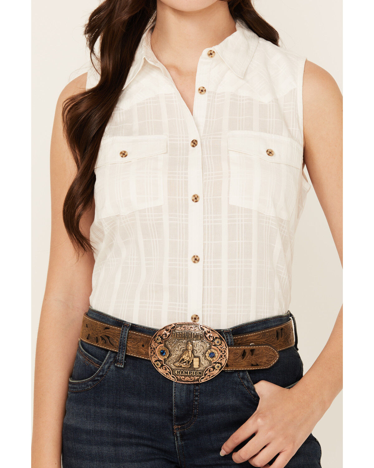 Image #4 - Shyanne Women's Shadow Striped Sleeveless Button-Down Western Shirt, Cream, hi-res