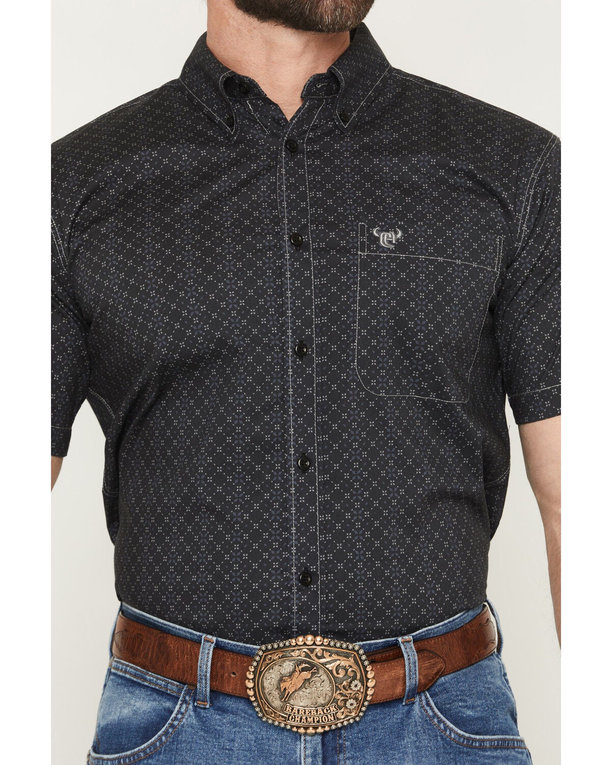 Image #3 - Cowboy Hardware Men's Wild Jewel Geo Print Short Sleeve Button-Down Stretch Western Shirt, Black, hi-res