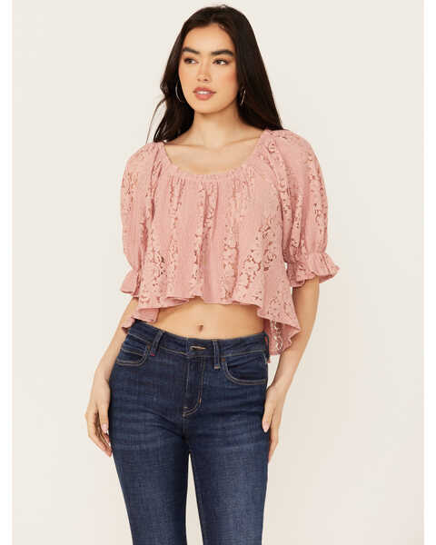 Free People Women's Stacey Lace Cropped Shirt, Pink, hi-res
