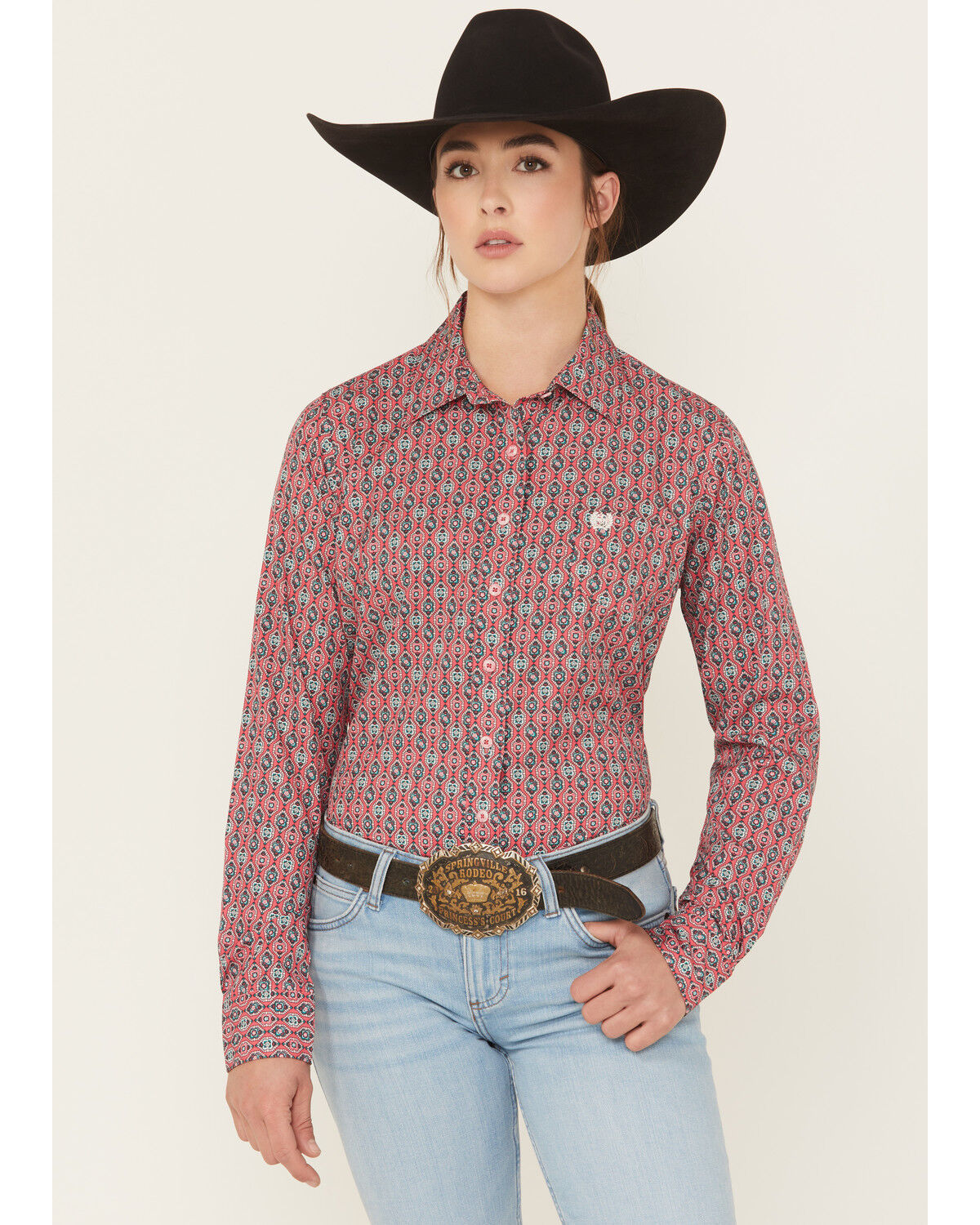 Image #1 - Cinch Women's Geo Print Long Sleeve Button-Down Western Shirt, Pink, hi-res