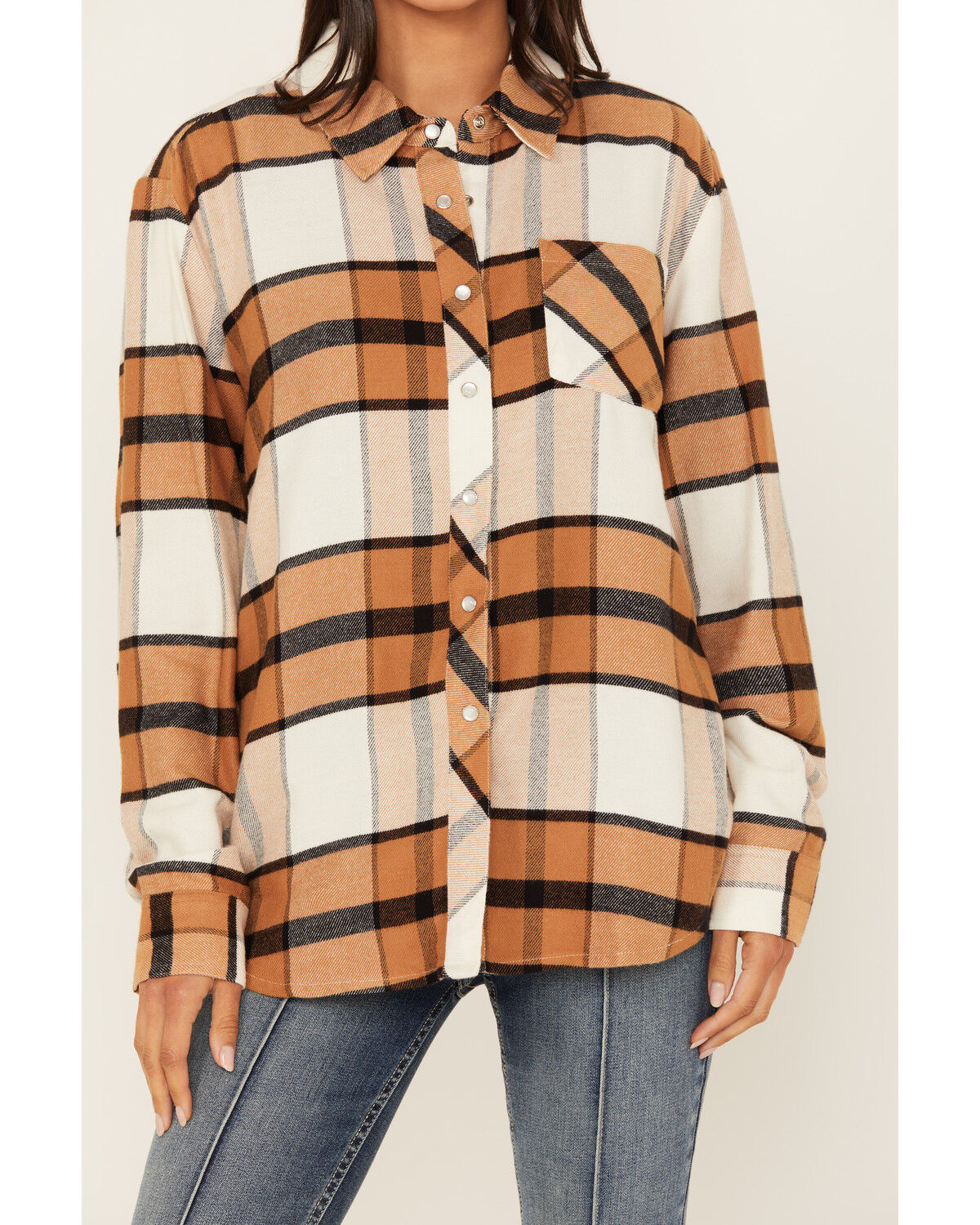 Image #2 - Idyllwind Women's Caroline Featherlight Plaid Print Pearl Snap Shirt, Medium Brown, hi-res