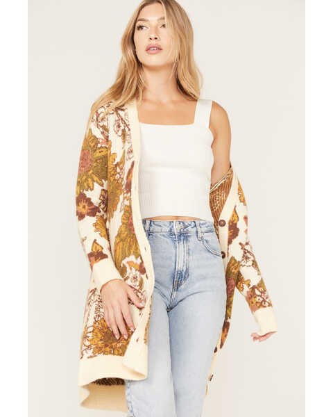Image #3 - Cleo + Wolf Women's Floral Knit Jacquard Long Cardigan Sweater, Cream, hi-res