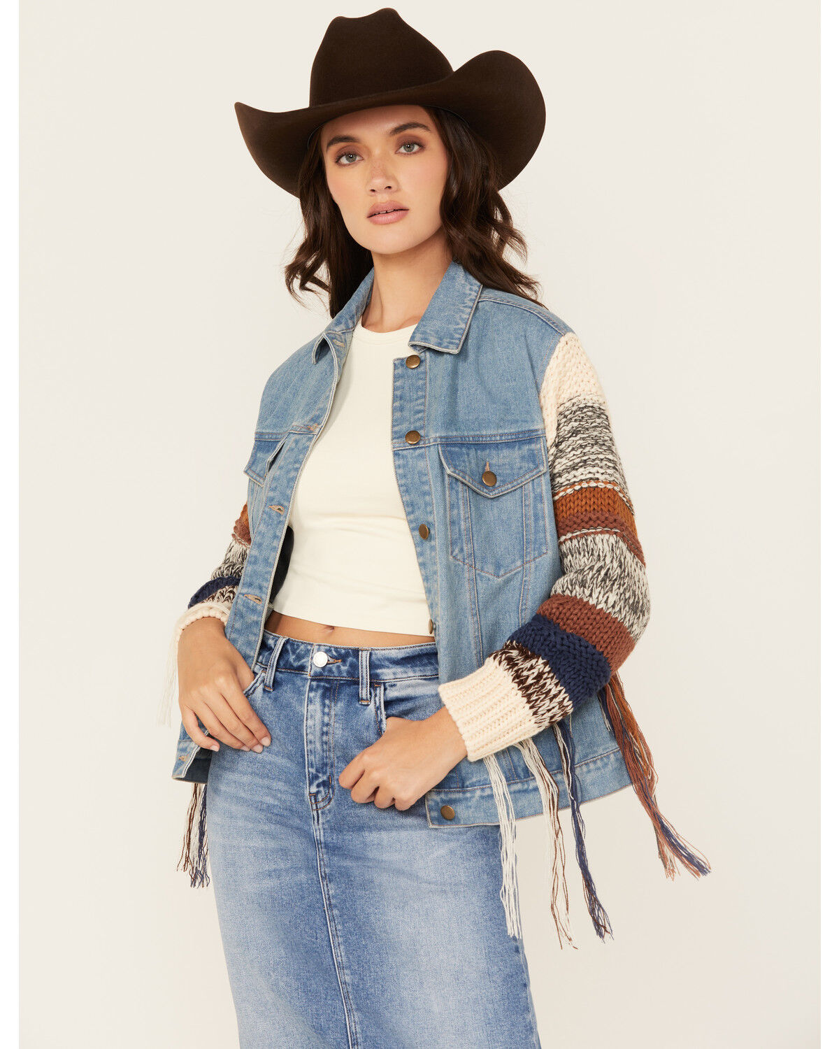 Image #1 - Cleo + Wolf Women's Christine Long Sweater Sleeve Button-Down Denim Jacket, Blue, hi-res