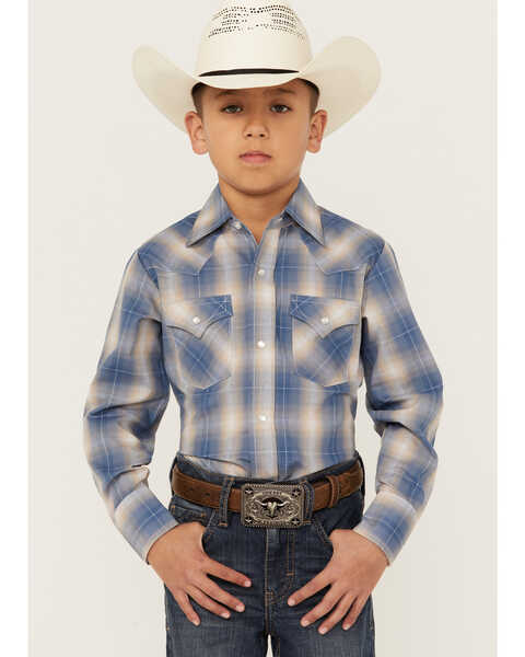 Ely Walker Boys' Textured Plaid Print Long Sleeve Pearl Snap Western Shirt, Blue, hi-res