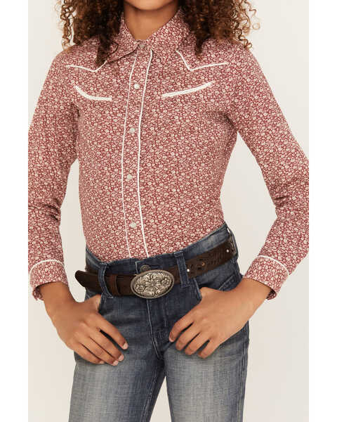 Roper Girls' Ditsy Floral Print Long Sleeve Snap Retro Western Shirt, Red, hi-res