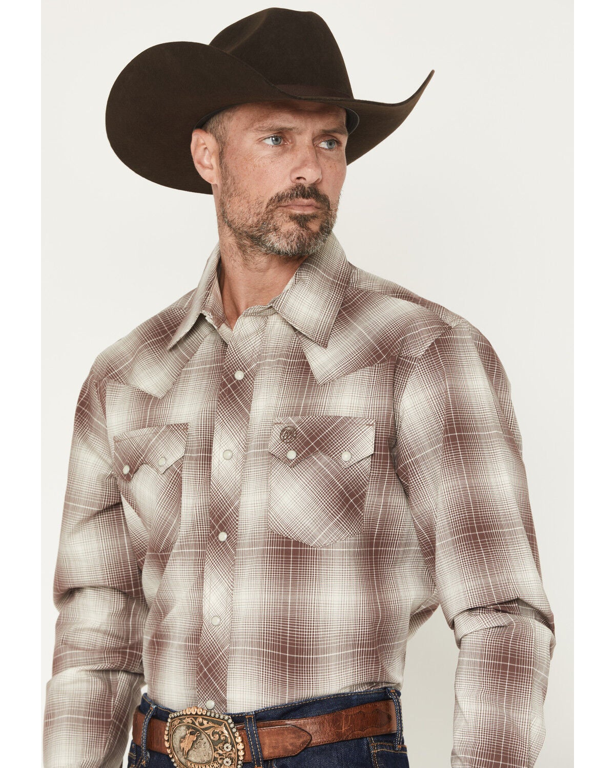 Image #2 - Wrangler Retro Men's Plaid Print Long Sleeve Snap Western Shirt, Brown, hi-res
