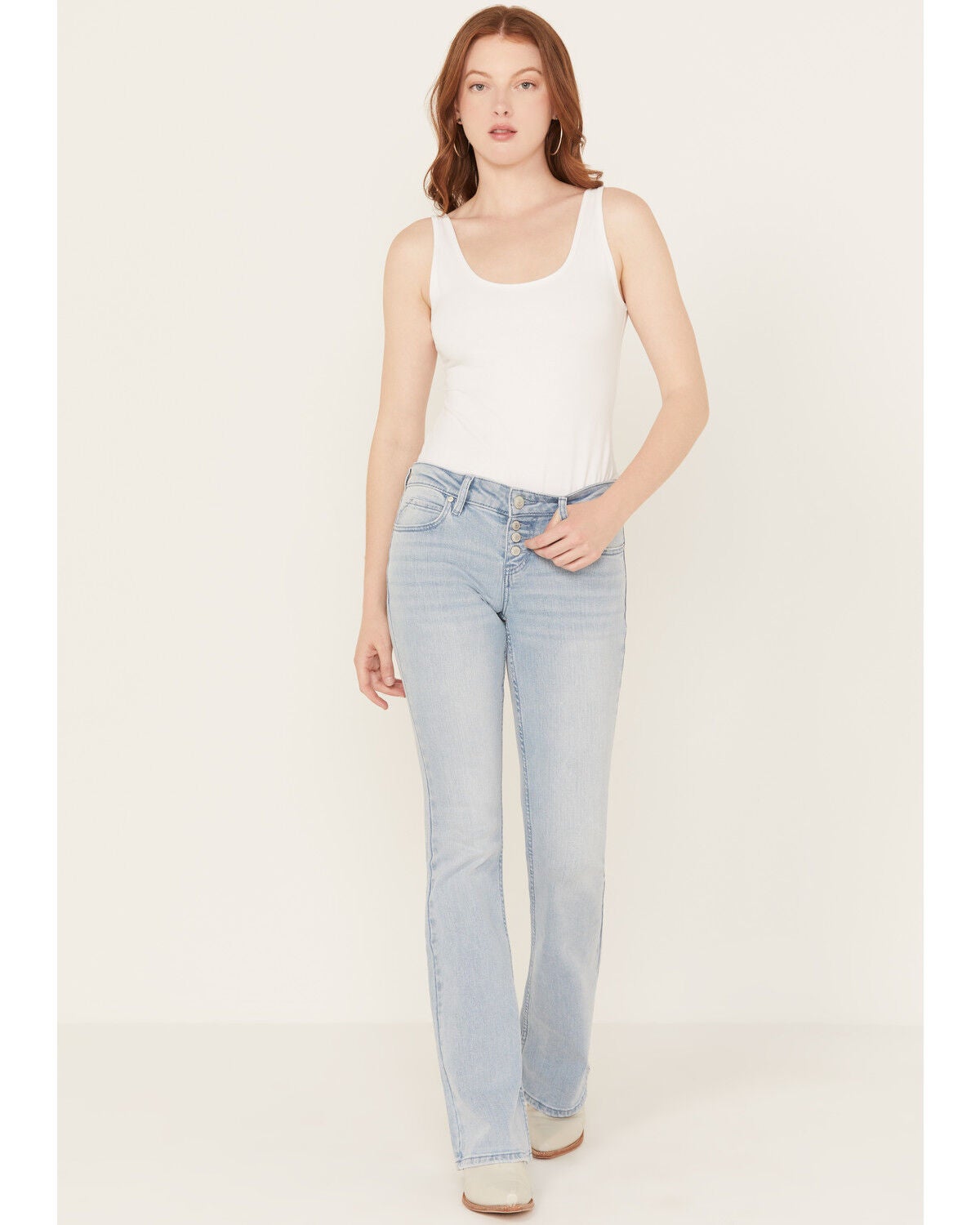 Image #1 - Shyanne Women's Senita Light Medium Wash Low Rise Bootcut Stretch Denim Jeans, Light Medium Wash, hi-res