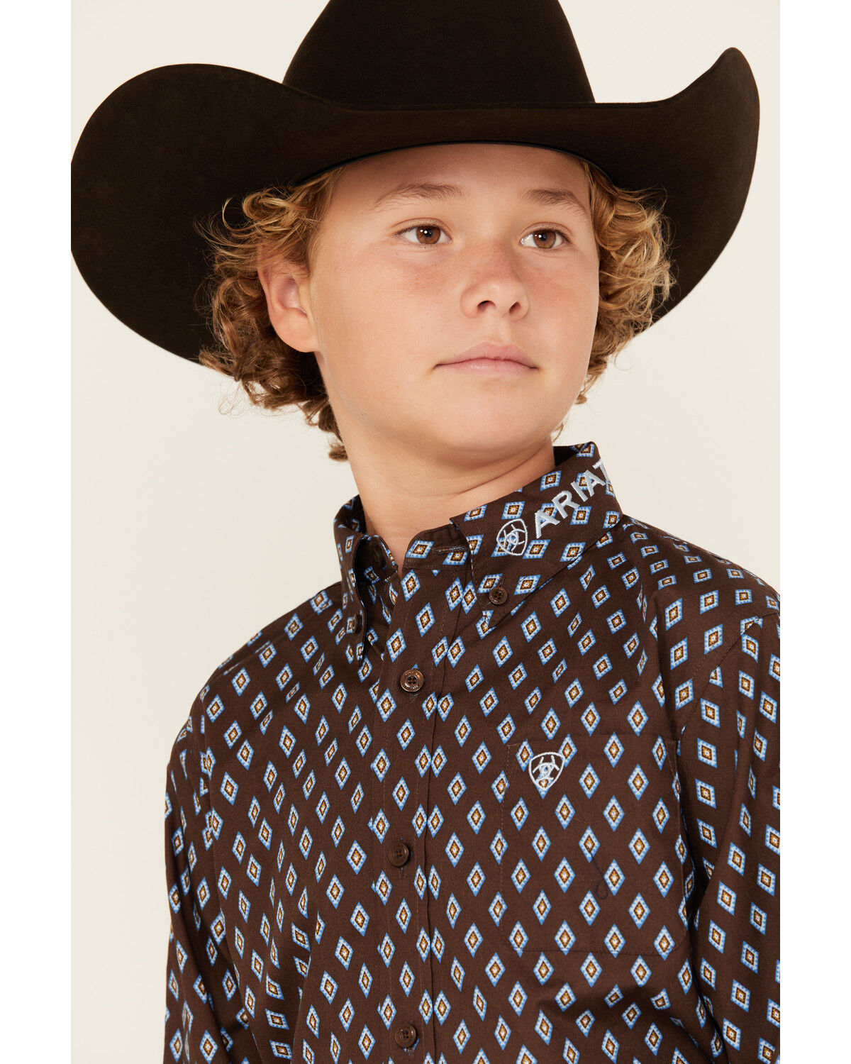 Image #3 - Ariat Boys' Logo Team Geo Print Long Sleeve Button-Down Western Shirt, Brown, hi-res