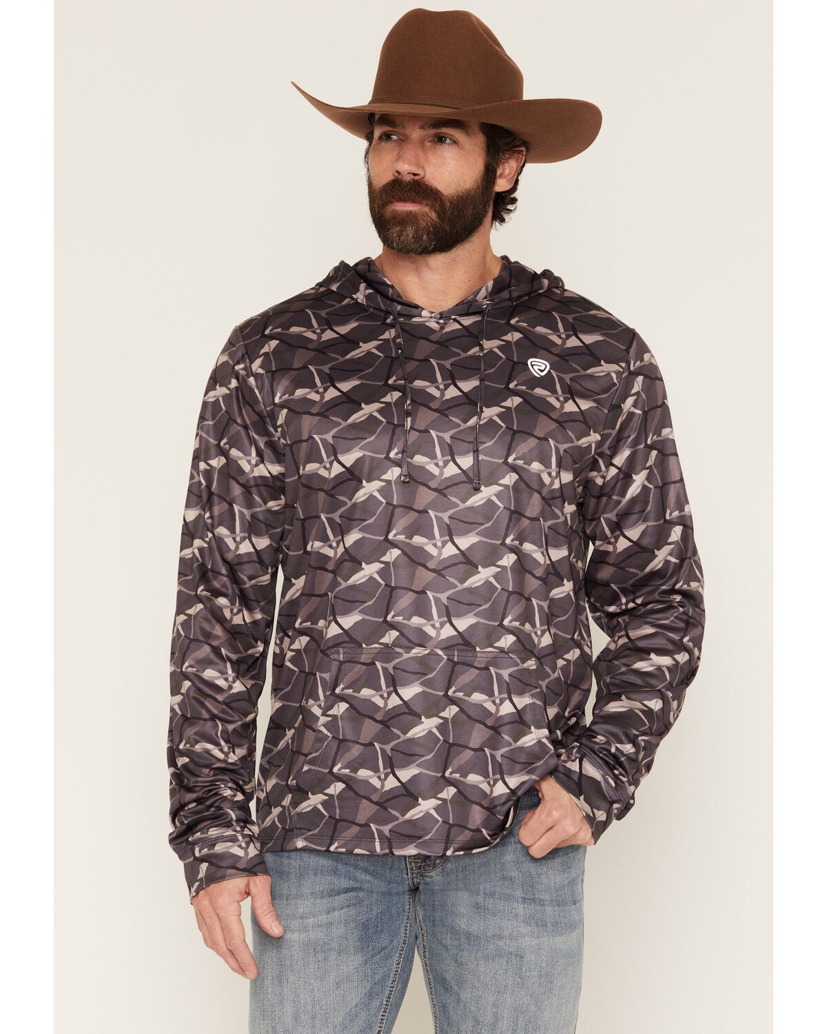 Image #1 - Rock & Roll Denim Men's Camo Print Long Sleeve Hooded Performance Shirt, Taupe, hi-res