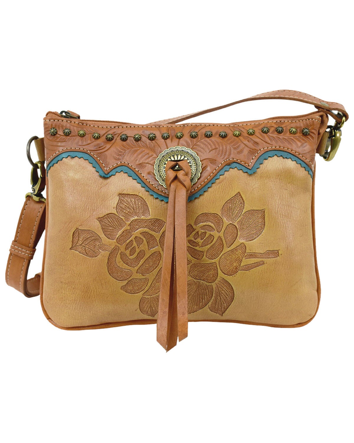 American West Women's Texas Rose Crossbody Bag, Tan, hi-res
