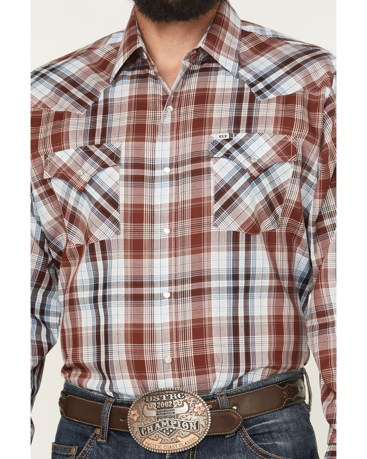 Image #3 - Ely Walker Men's Plaid Print Long Sleeve Pearl Snap Western Shirt, Burgundy, hi-res