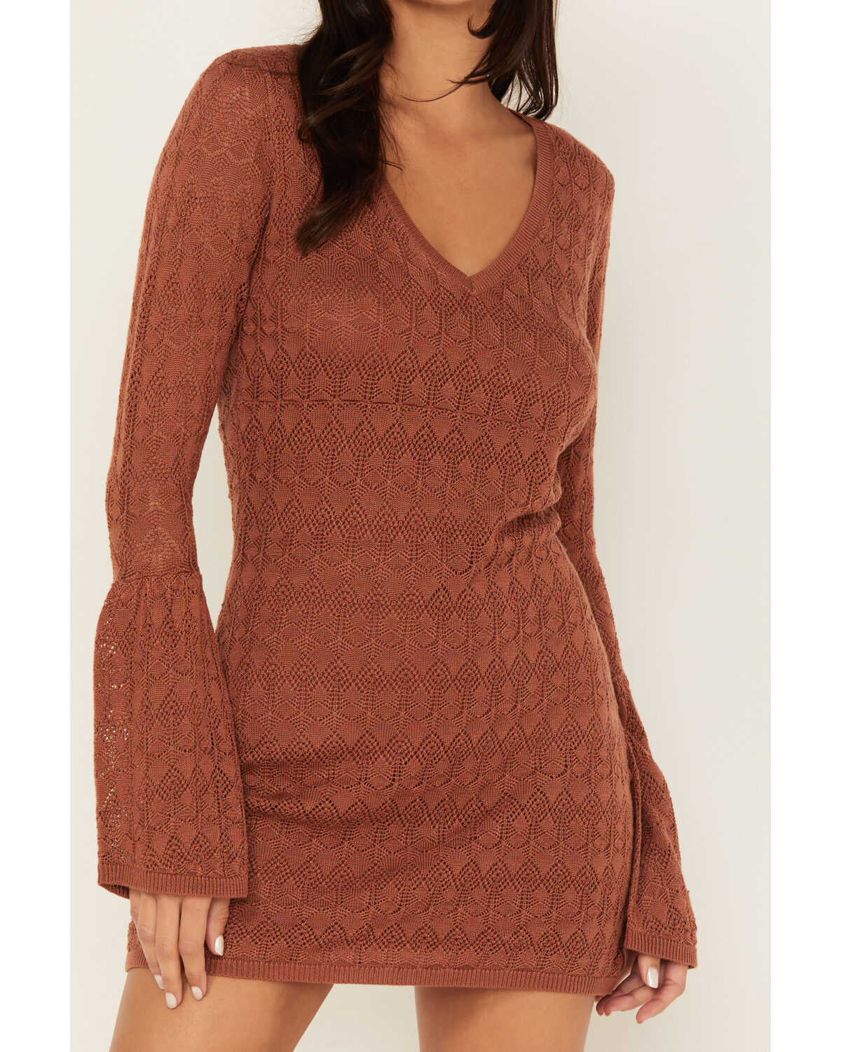 Image #3 - Shyanne Women's Lace Bell Sleeve Mini Dress, Brown, hi-res
