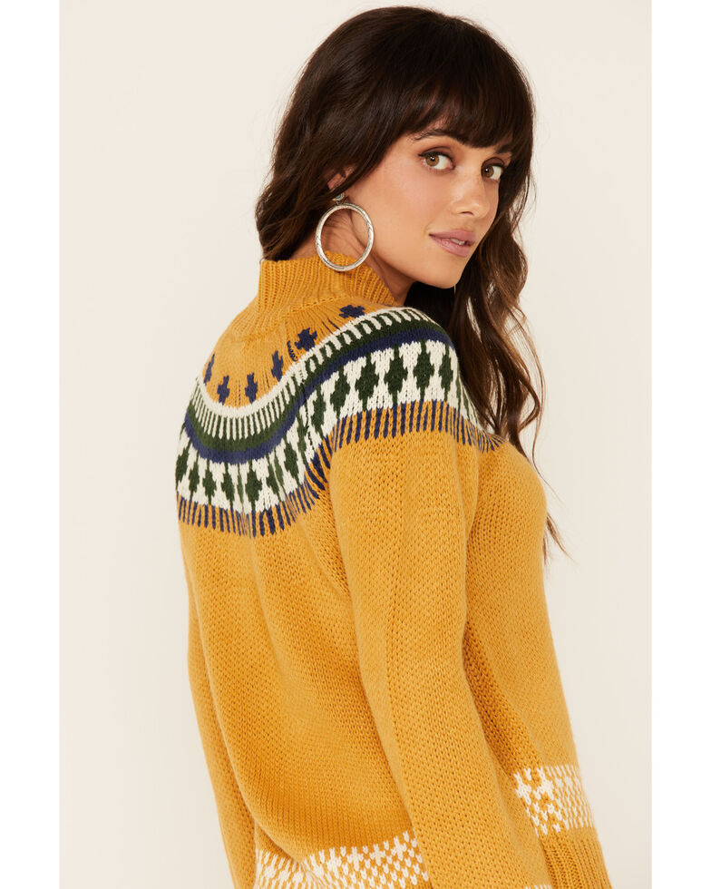 Hem & Thread Women's Mustard Jacquard Mock Neck Sweater , Mustard, hi-res