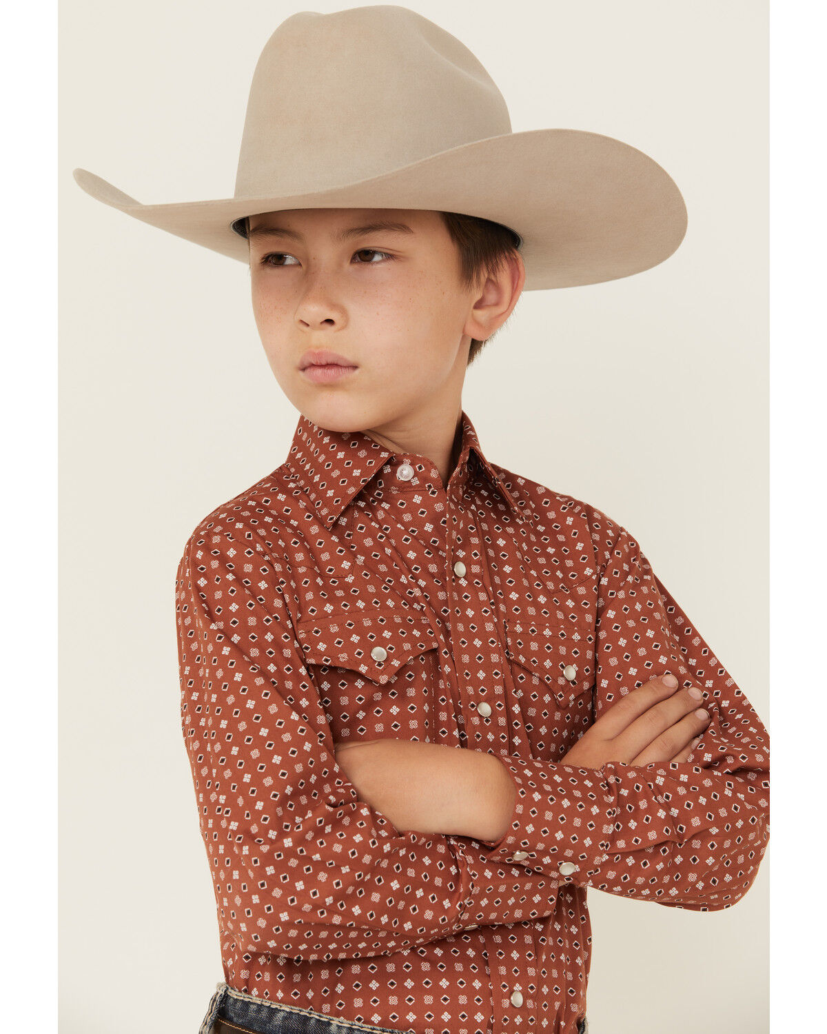 Image #2 - Ely Walker Boys' Geo Print Long Sleeve Snap Stretch Western Shirt, Rust Copper, hi-res