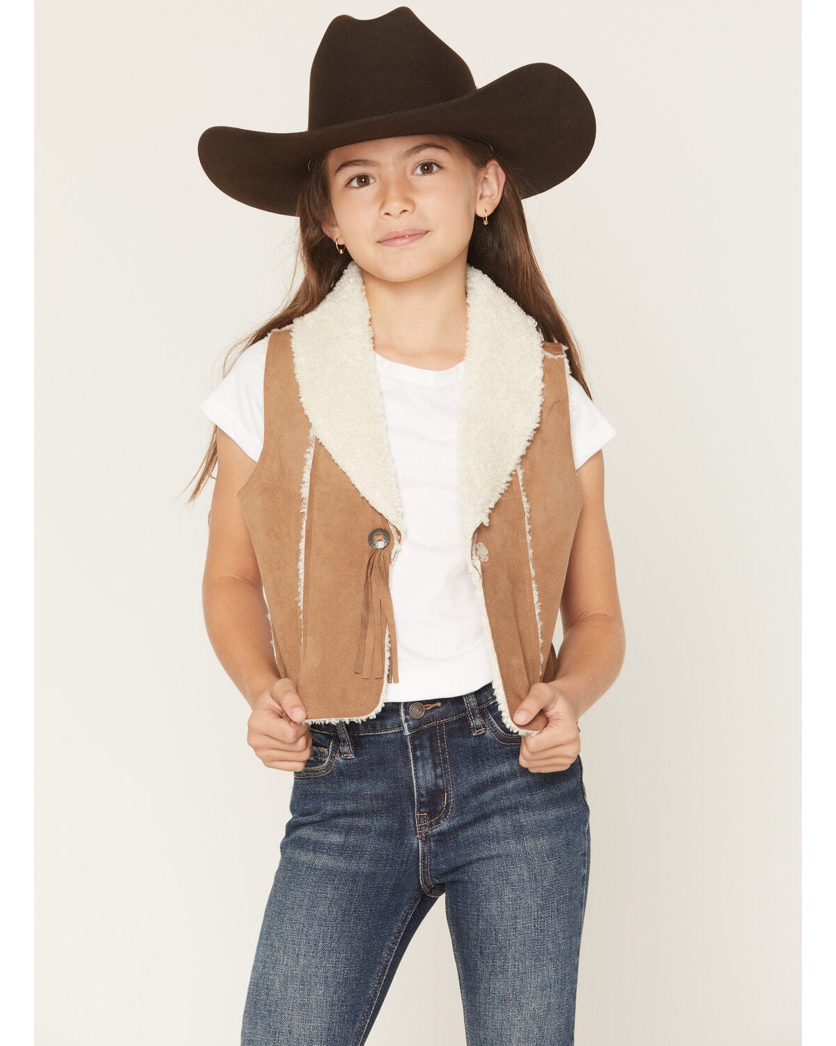 Shyanne Girls' Sherpa Lined Concho Closure Faux Suede Vest, Coffee, hi-res