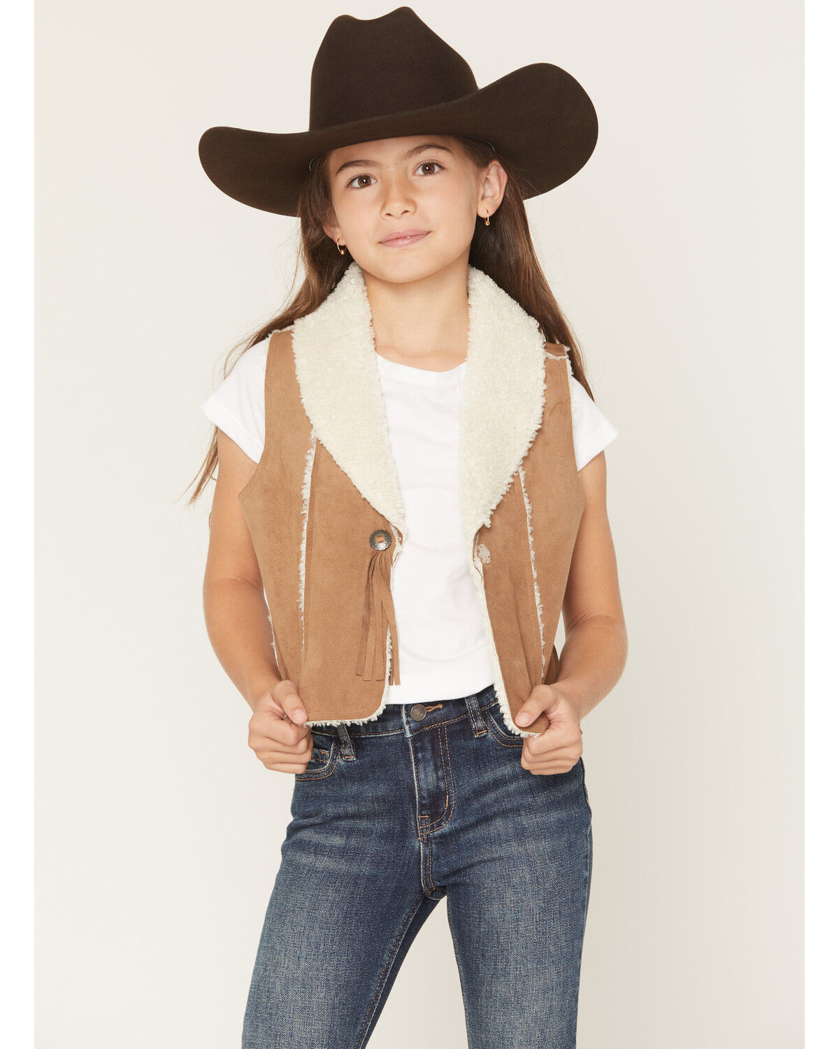 Image #1 - Shyanne Girls' Sherpa Lined Concho Closure Faux Suede Vest, Coffee, hi-res